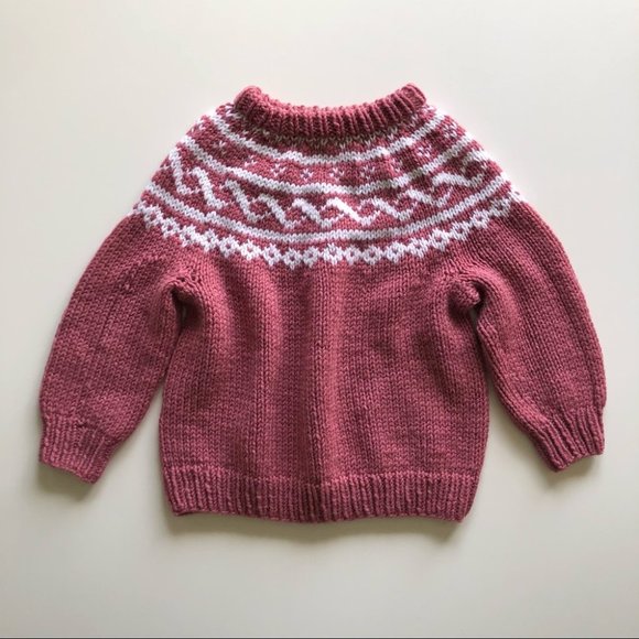 Girls Hand Knit Dusty Rose White Fairisle Sweater - Picture 2 of 7
